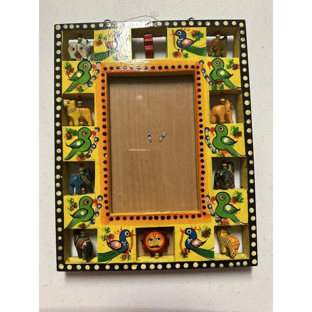 Vtg Child's Picture Frame Adorned With Spinnning Wooden Animals